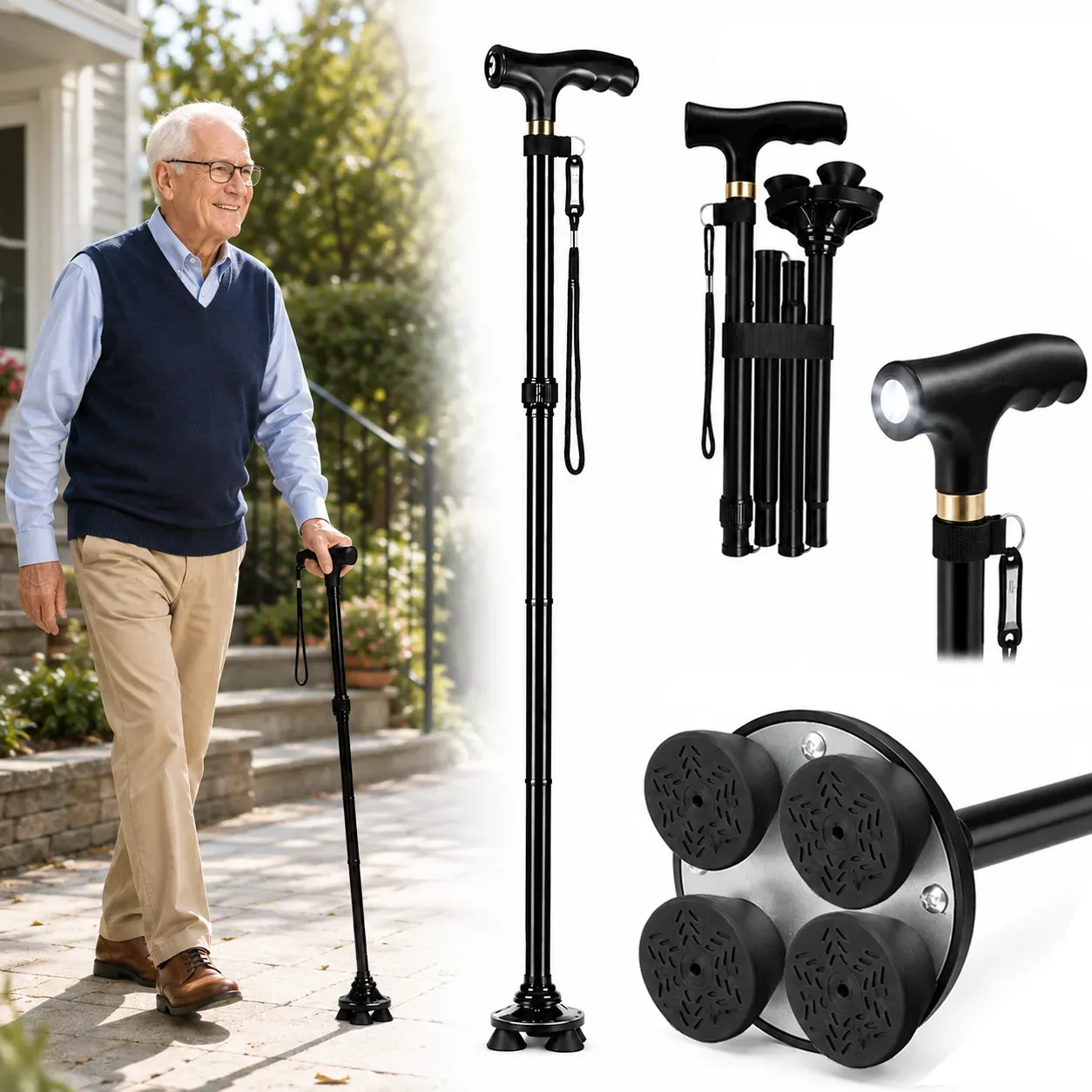 Foldable Walking Cane for Seniors, Adjustable Aluminum Walking Cane with Quad Base, LED Light, (2-Pack)